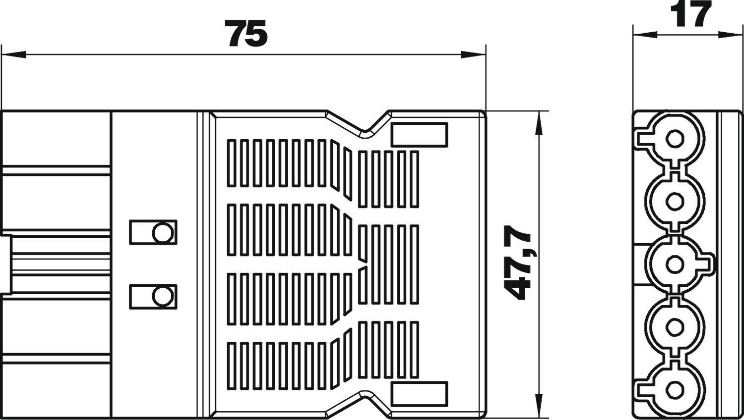 Technische Zeichnung eines Steckverbinders mit Maßen: 75 mm Länge, 47,7 mm Höhe, 17 mm Breite. Zeigt detaillierte Strukturen und Anschlüsse.