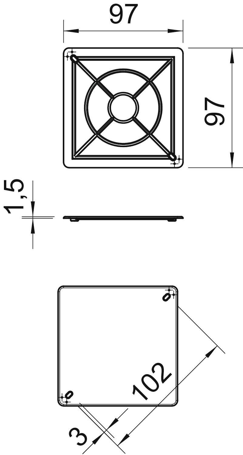 'Technische Zeichnung eines quadratischen Bauteils mit den Maßen 97x97 mm, Höhe 1,5 mm und Befestigungslochdiagonale 102 mm.'