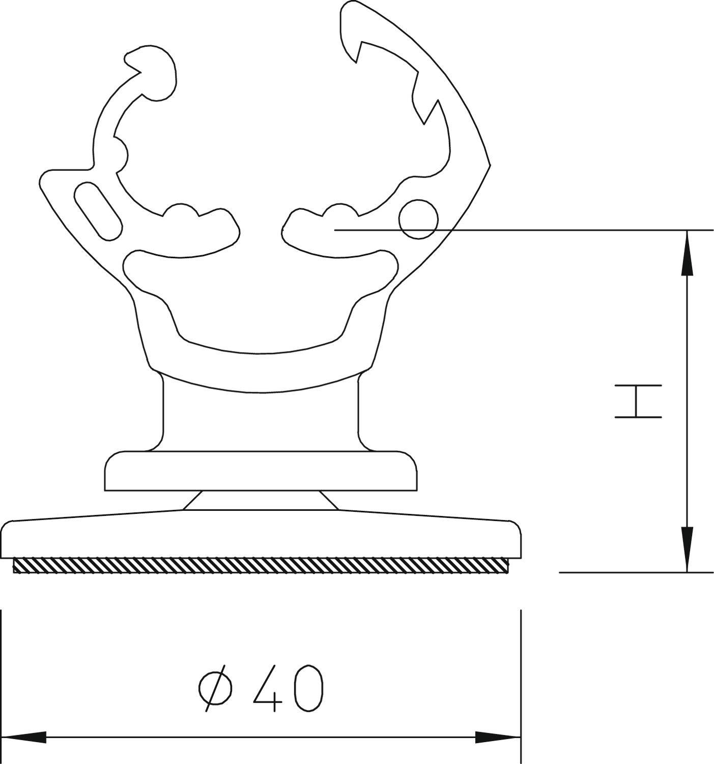 Technische Zeichnung eines Bauteils mit kreisförmiger Basis von Durchmesser 40 mm, zeigt detailreiche Umrisse und Maße.