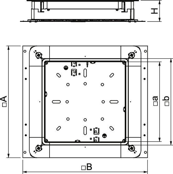 Technische Zeichnung eines quadratischen Gehäuses mit Abmessungen A, B, H, a, und b, sowie Befestigungspunkten in den Ecken.