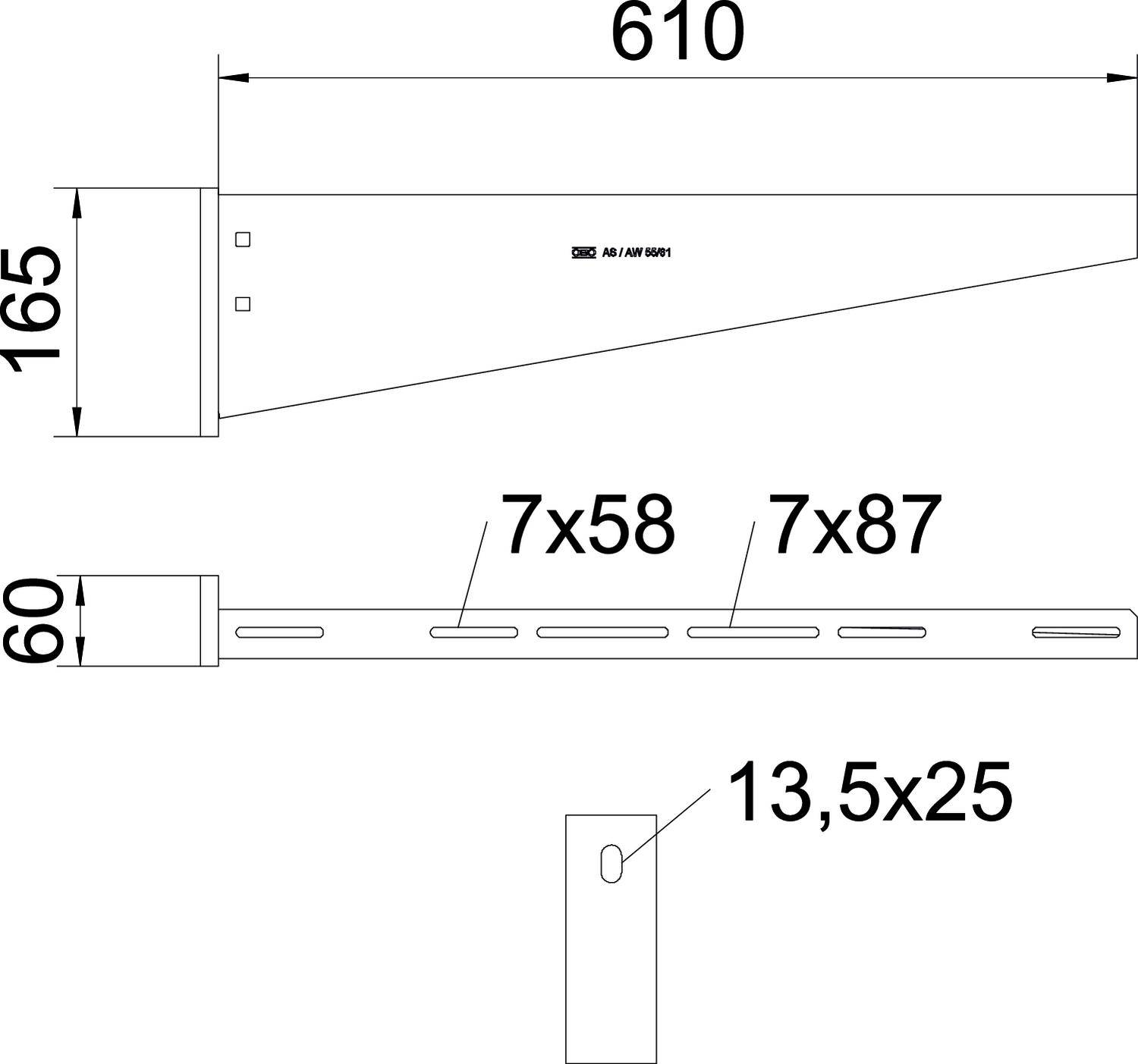 Technische Zeichnung eines Winkels mit den Maßen 610x165 mm und 60 mm Breite. Löcher: 7x58, 7x87, 13,5x25 mm.