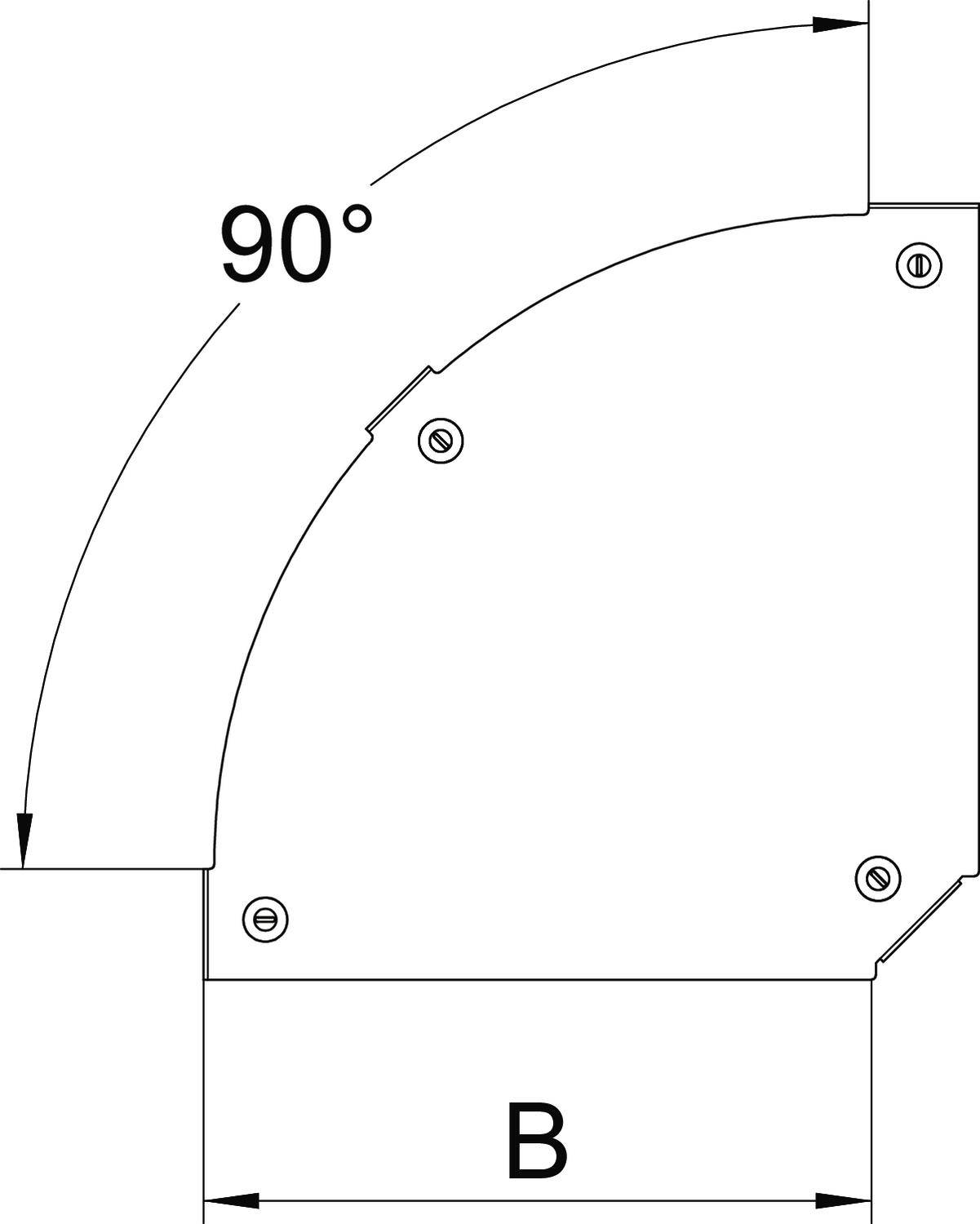Technische Zeichnung eines 90-Grad-Winkels mit einem Pfeil und der Markierung 'B', zeigt Maße und Richtungen.