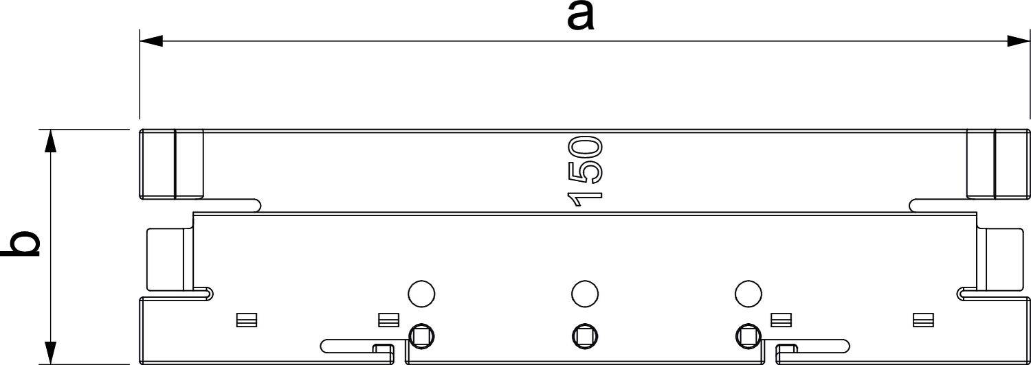Technische Zeichnung eines rechteckigen Bauteils mit Längenangaben: Breite 'a' und Höhe 'b', mittig mit der Zahl '150' markiert.