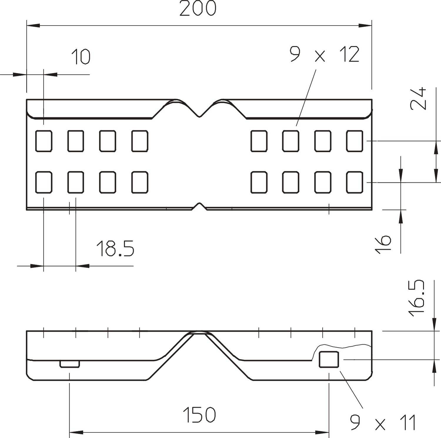 Technische Zeichnung eines Metallteils mit Abmessungen: Länge 200 mm, Breite 150 mm, Höhe 24 mm. Enthält Löcher 9 x 11 mm, 9 x 12 mm.