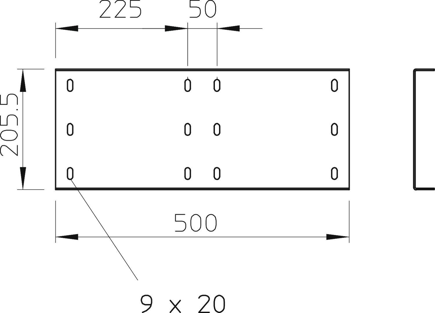 Technische Zeichnung eines rechteckigen Bauteils mit Maßen: 500 mm Länge, 205,5 mm Breite. Löcher ('9 x 20') in gleichmäßiger Anordnung.