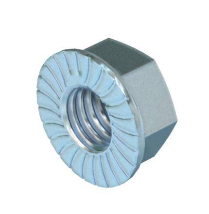Sechskantmutter mit gerändeltem Rand und Innengewinde, geeignet für Schraubverbindungen in mechanischen Anwendungen.