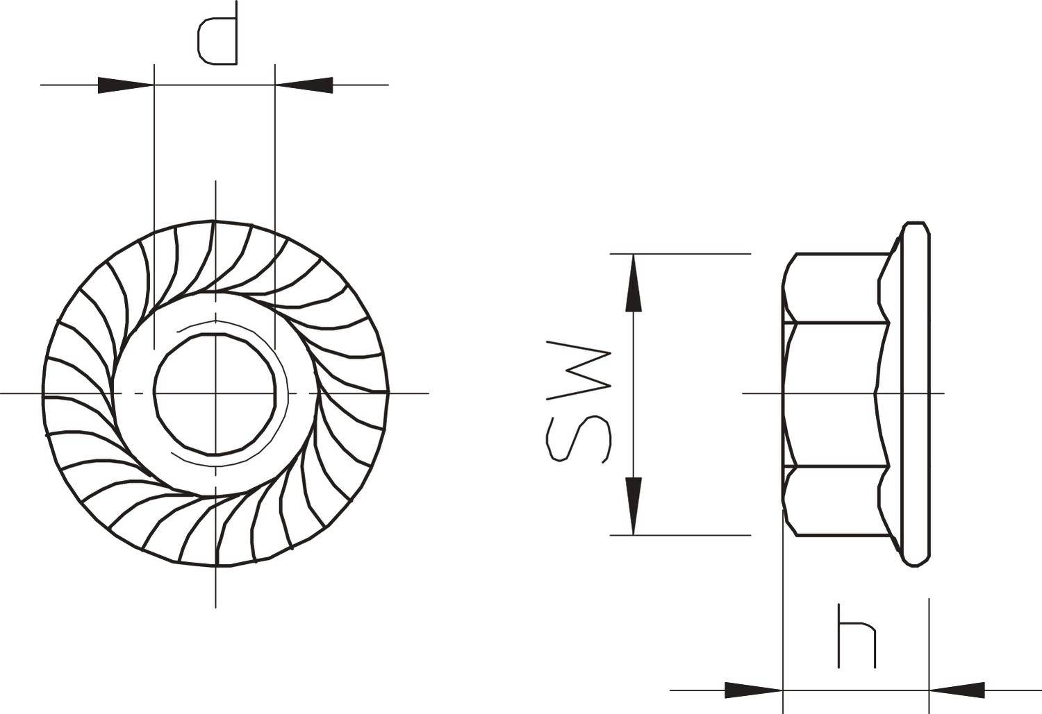 Technische Zeichnung eines Schraubenkopfs: zeigt Vorder- und Seitenansicht mit Bemaßungen für Durchmesser (d), Höhe (h) und Schlüsselweite (SW).
