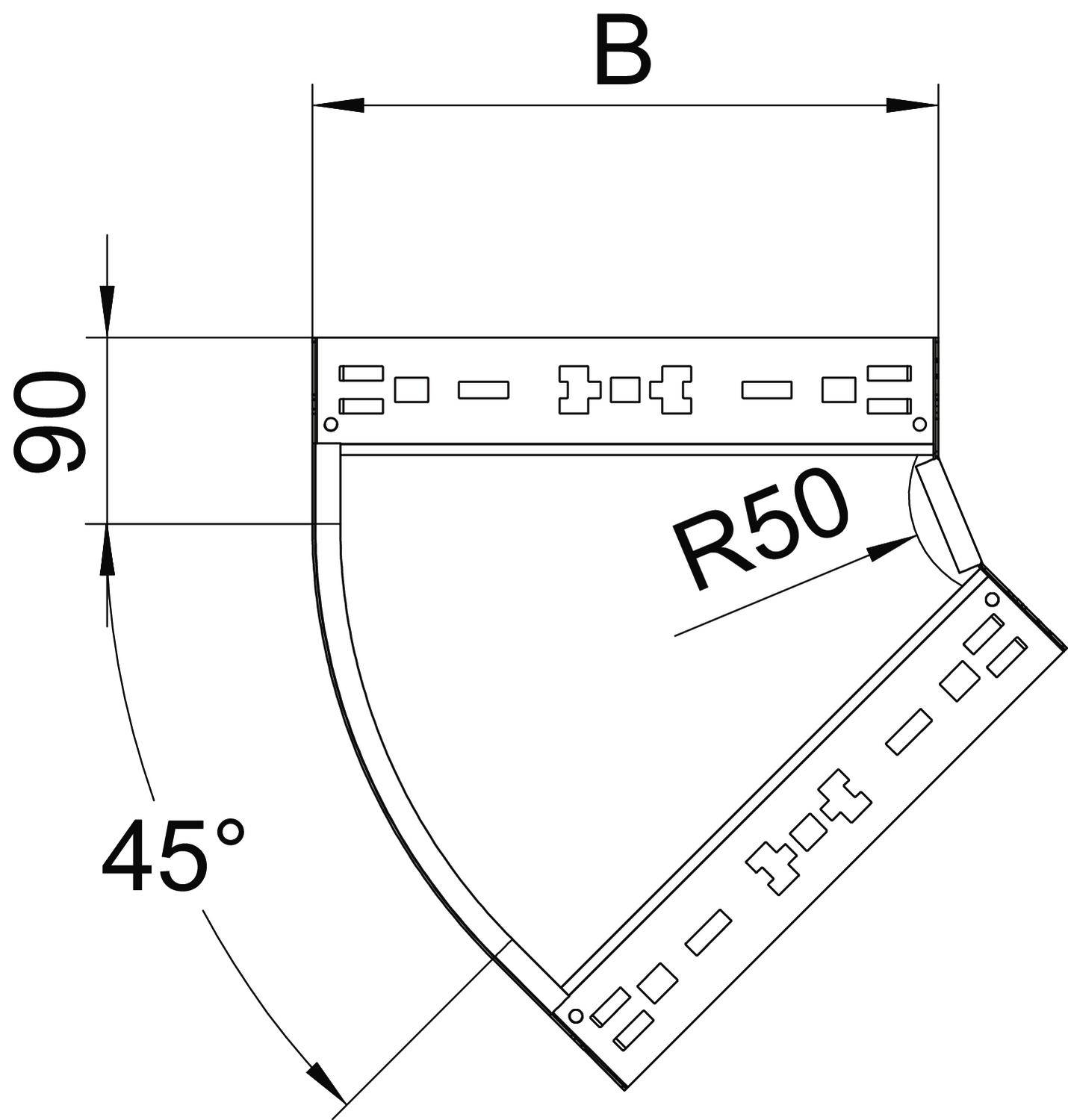 Abbildung eines Kabelkanals mit 90° Biegung, Radius R50, Breite B. Winkel und Maße für technische Anwendung angegeben.