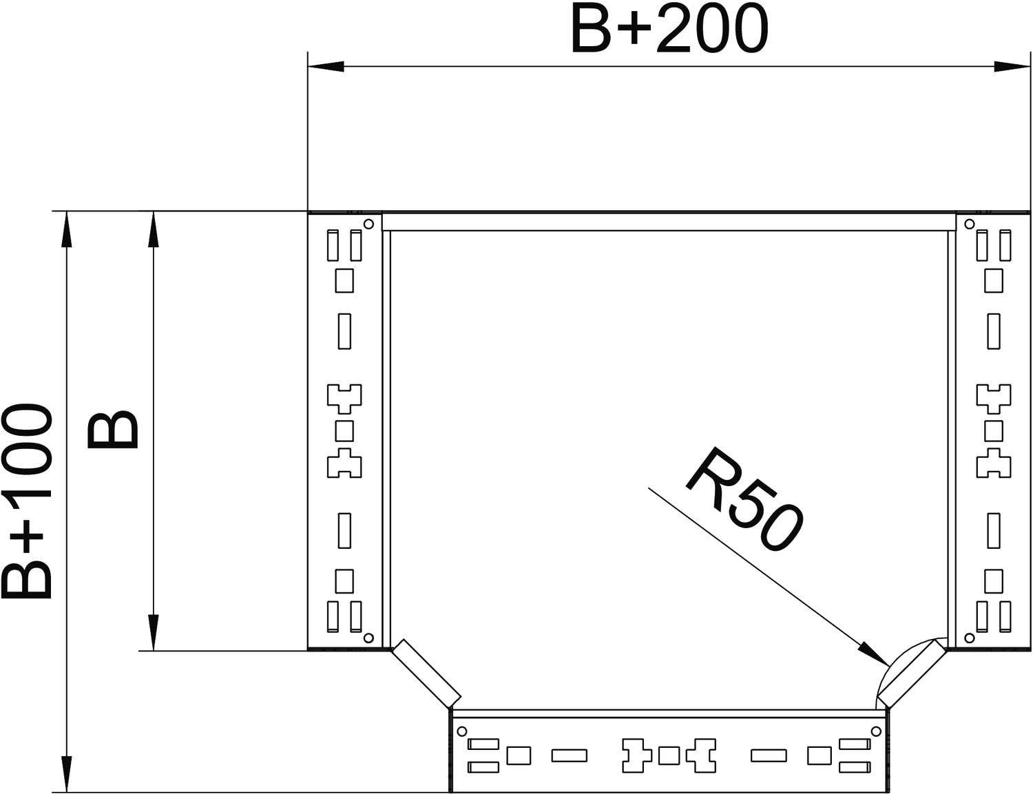 'Technische Zeichnung eines Bauteils mit Abmessungen: Breite B plus 200, Höhe B plus 100, und ein Radius von 50 in der unteren Ecke.'