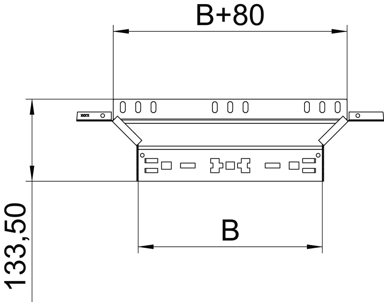 Querschnitt einer Kabelrinne: Breite 'B', Höhe 133,50 mm, Breite mit Randabdeckung 'B+80'.