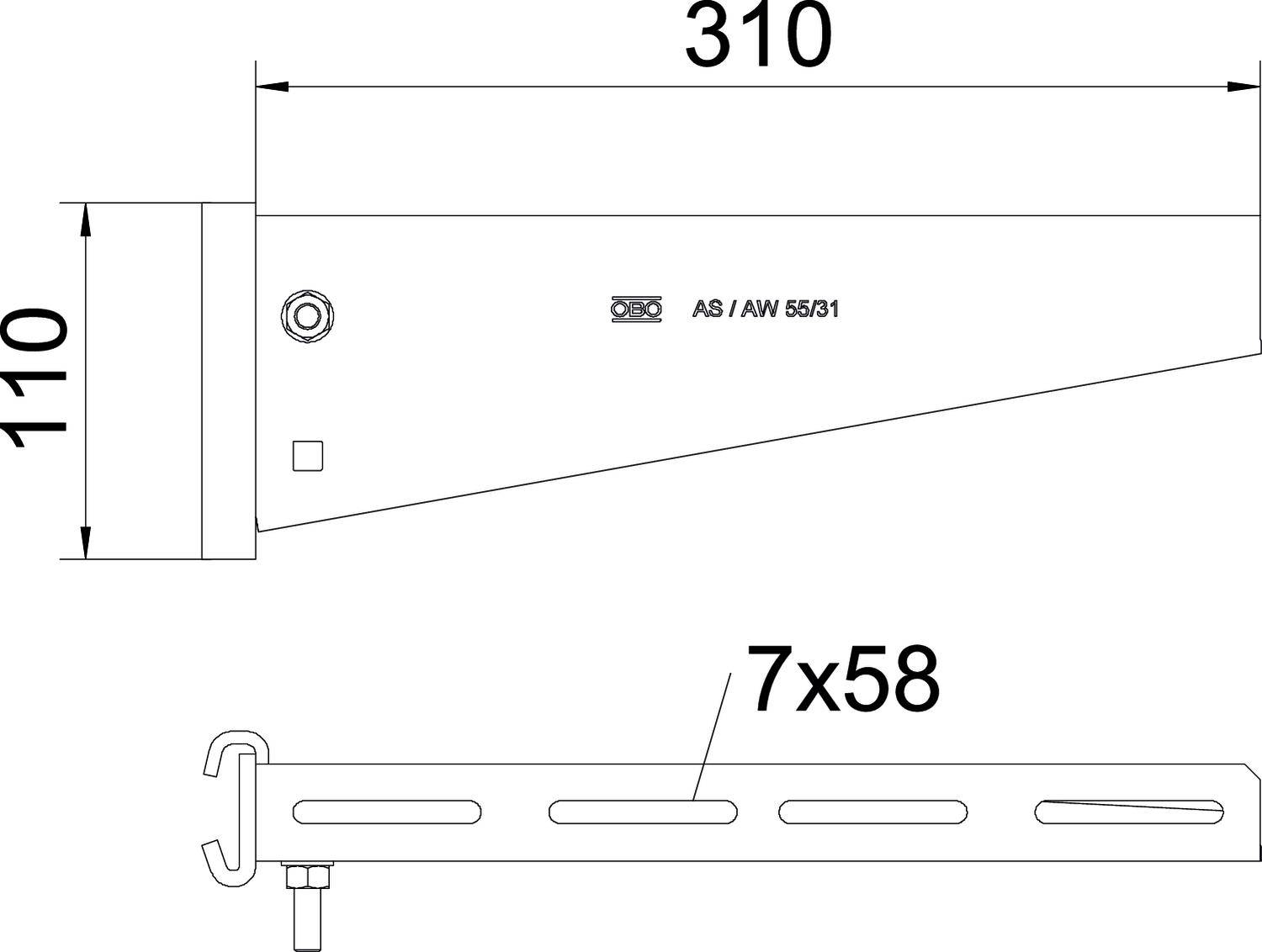 Technische Zeichnung eines Wandhalters mit Maßen: Länge 310 mm, Höhe 110 mm; zwei Schraublöcher, Schlitzmuster '7x58'.