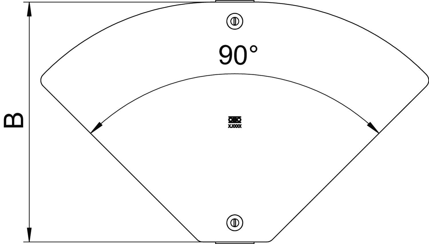Diagramm eines Viertelkreises mit einem Winkel von 90 Grad. Zwei Schraubenlöcher sind oben und unten sichtbar. Dimension B ist angegeben.