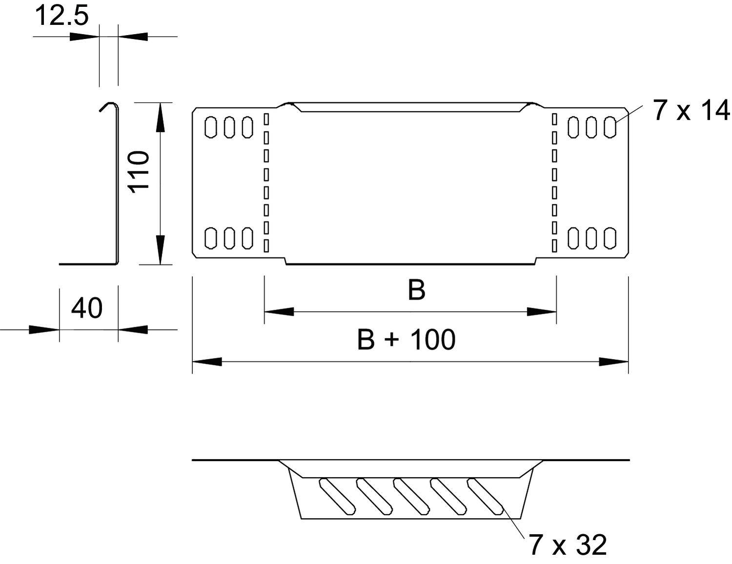Technische Zeichnung einer Metallhalterung mit Abmessungen: Breite (B), Höhe 110 mm, Tiefe 12,5 mm, mit Löchern 7 x 14 mm und 7 x 32 mm.