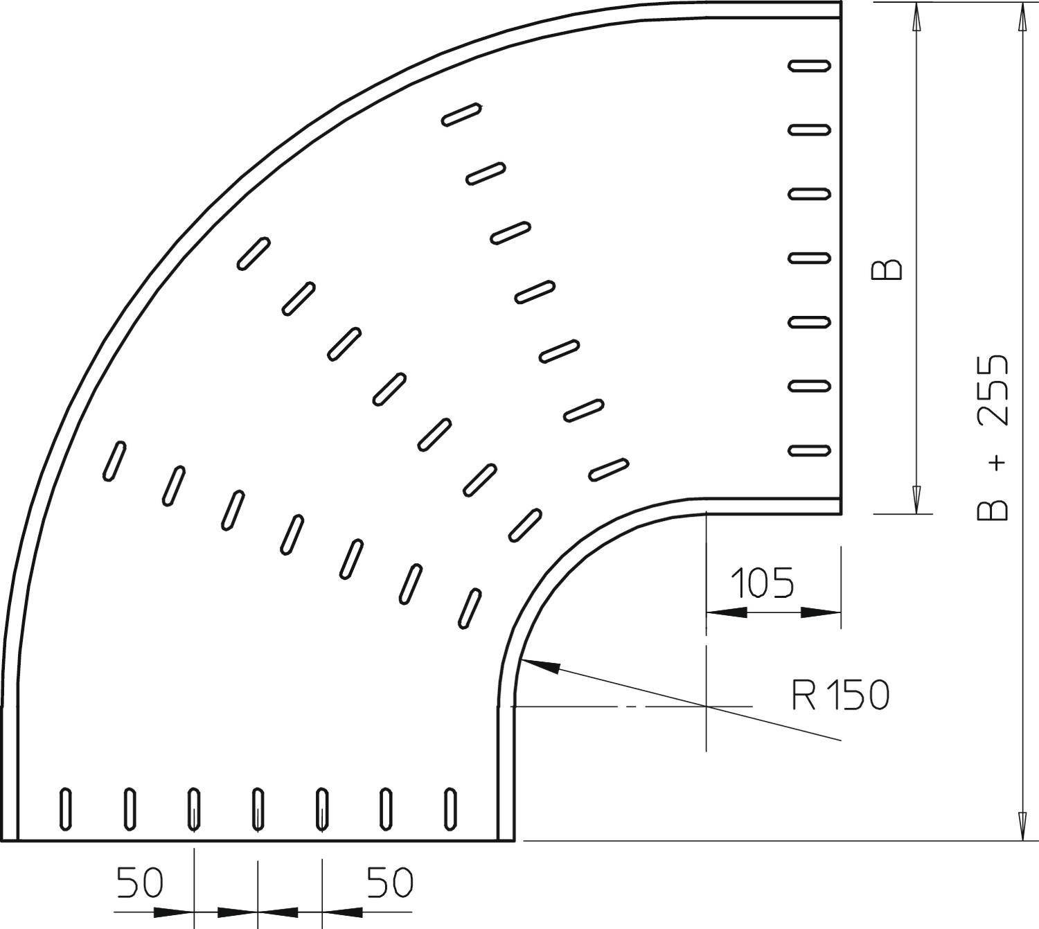 Technische Zeichnung eines gebogenen Teils mit Abmessungen: Radius 150, B plus 255, Höhe B, Löcher entlang der Kanten.