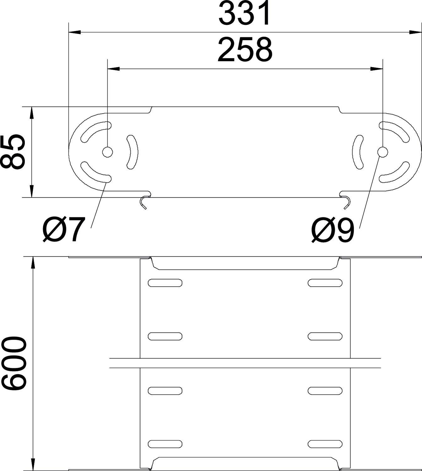 Technische Zeichnung mit Maßen eines Bauteils: Länge 331 mm, Breite 85 mm, Höhe 600 mm, Bohrungen mit Durchmessern Ø7 und Ø9 mm.