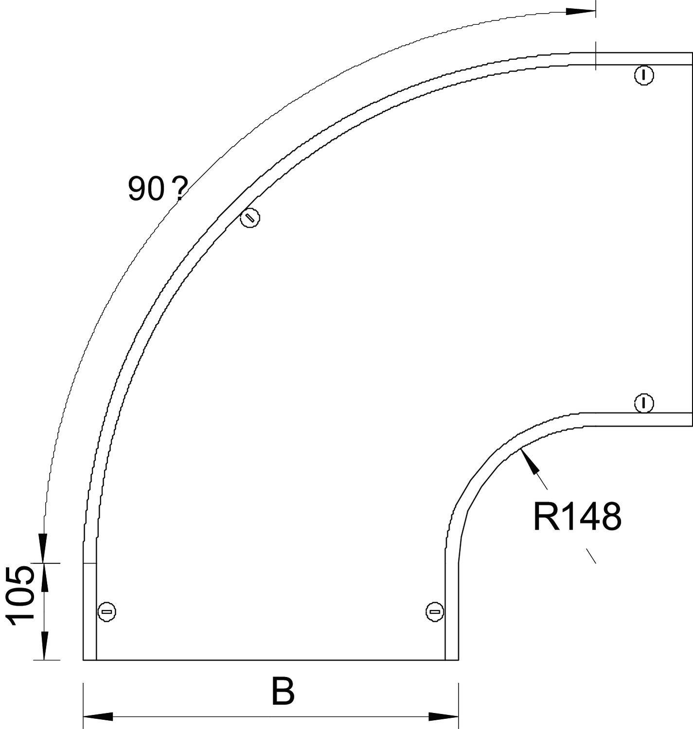 Technische Zeichnung eines gewinkelten Teils mit Radien: 90°-Winkel, Außenradius 148 mm, Höhe 105 mm. Maße markieren Befestigungspunkte.
