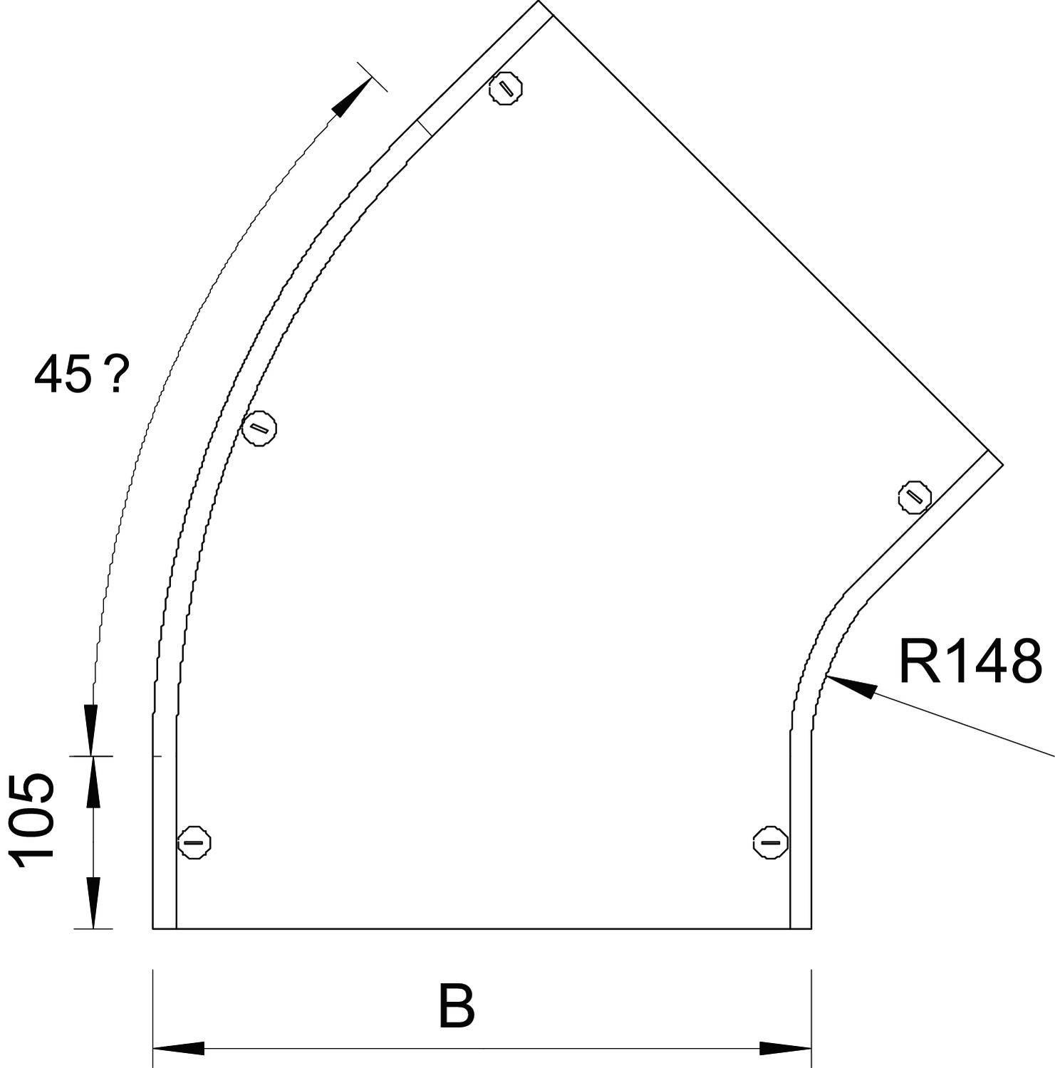 Technische Zeichnung eines Blechs mit gebogenem Abschnitt. Beschriftungen: '45?', '105', 'R148', 'B'. Lochbohrungen markiert.