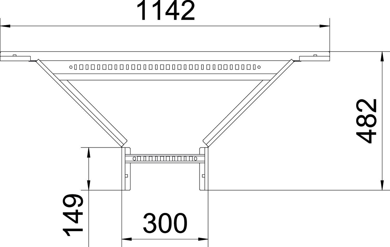 Technische Zeichnung eines quer verlaufenden Balkens mit den Maßen 1142 mm, 482 mm Höhe, 300 mm Breite und 149 mm Tiefe.