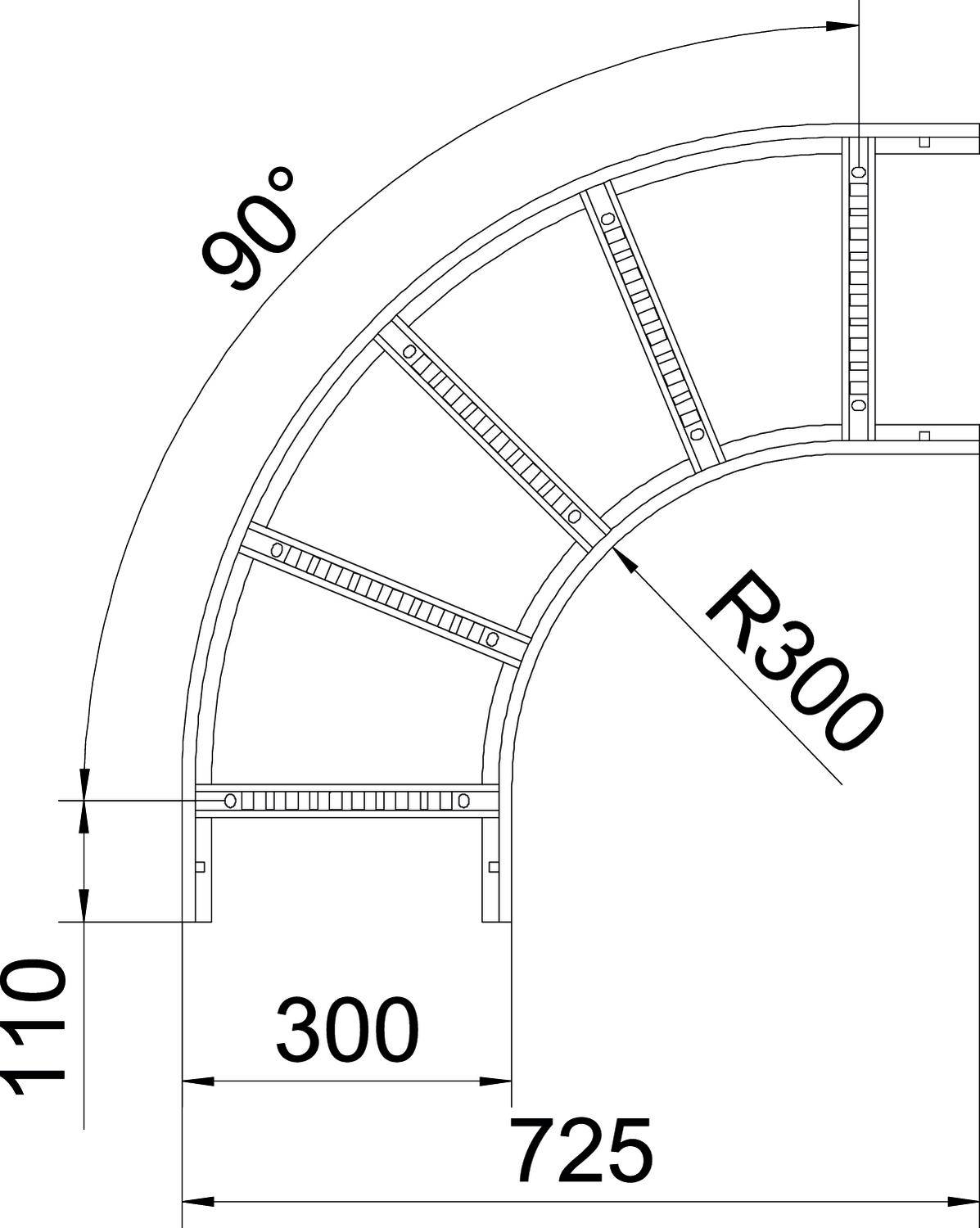 Ein technisches Diagramm zeigt ein Viertelkreisprofil. Der Radius ist R300, der Bogen erstreckt sich über 90 Grad. Maße: 725 x 300 mm.