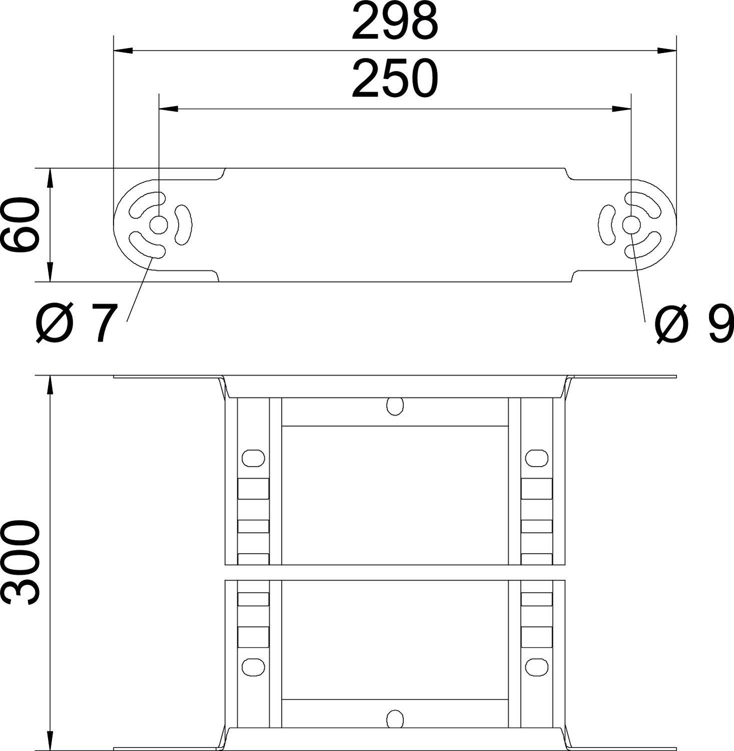 Technische Zeichnung eines Metallteils mit Abmessungen: Breite 298 mm, Bohrungen Ø 7 mm und Ø 9 mm, Höhe 300 mm.