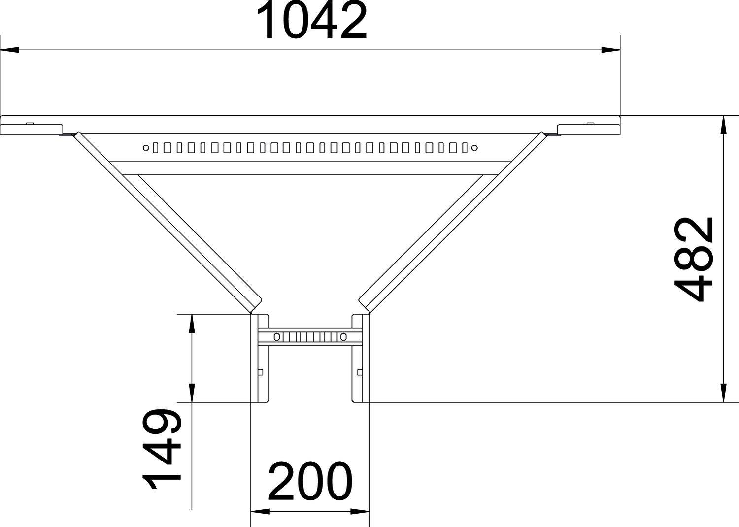 Technische Zeichnung eines Bauteils mit den Maßen: Breite 1042 mm, Höhe 482 mm. Zwei diagonale Stützen und eine Basis von 200 mm.