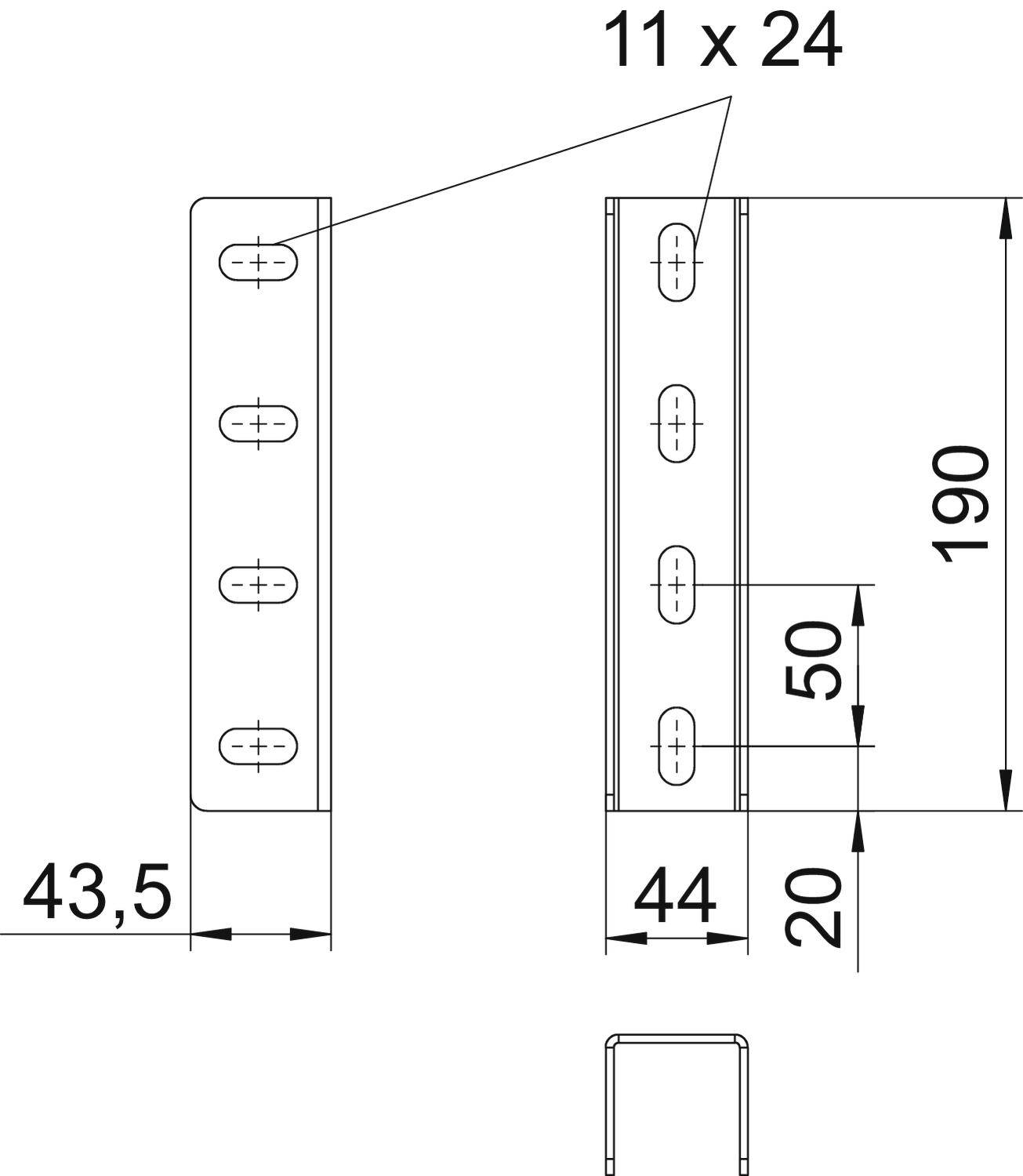 Technische Zeichnung eines Metallprofils mit Maßen: Länge 190 mm, Breite 44 mm. Bohrungen: 11 x 24 mm. Seitenansicht zeigt Abstände.