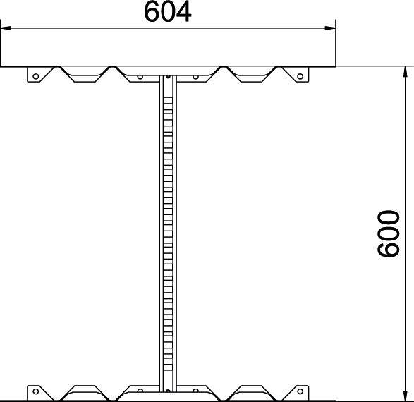 Technische Zeichnung zeigt Querschnitt eines rechteckigen Elements mit Abmessungen: Breite 604 mm, Höhe 600 mm. Geometrische Details sichtbar.