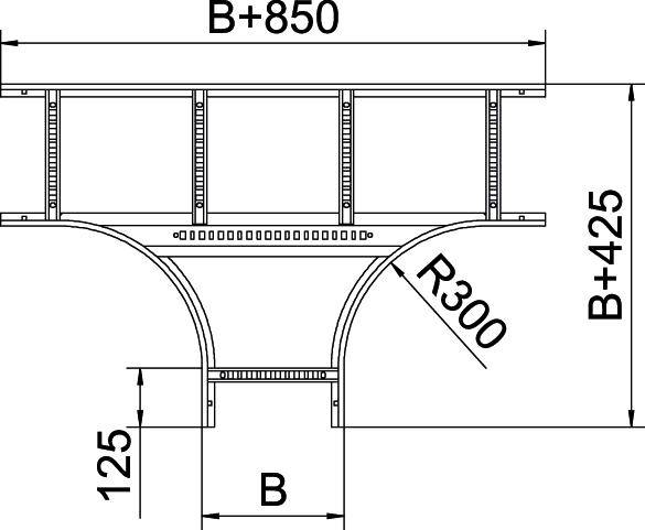 Schema einer Kabelbahn-Konstruktion mit Biegung. Der obere Teil ist gerade mit der Breite B+850, der untere gebogen mit Radius R300.