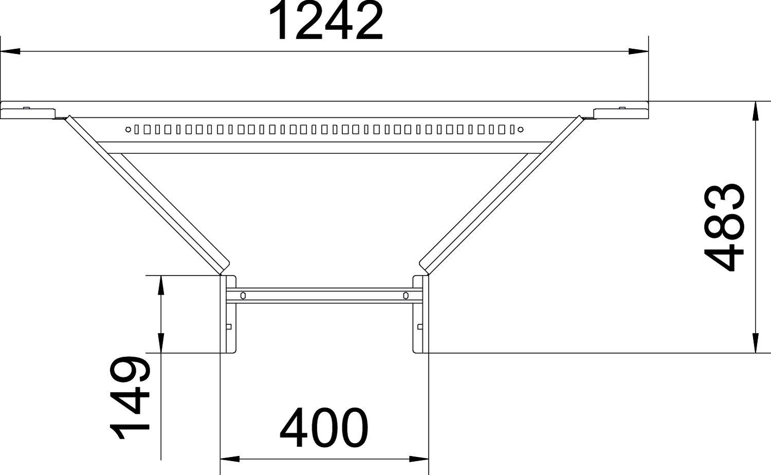Technische Zeichnung einer Trägerkonstruktion mit den Maßen: Breite 1242 mm, Höhe 483 mm, Sockelhöhe 149 mm, Breite unten 400 mm.
