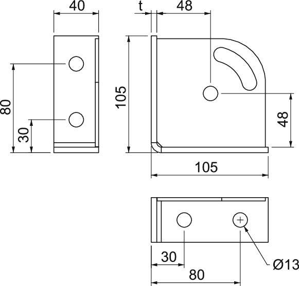 Technische Zeichnung eines Metallwinkels mit Maßen: Höhe 105 mm, Breite 105 mm, Tiefe 48 mm. Bohrlöcher und Biegungen markiert.