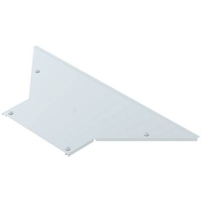 Ein dreieckiges, transparentes Glasscheibenelement mit vier sichtbaren Befestigungsschrauben in den Ecken.