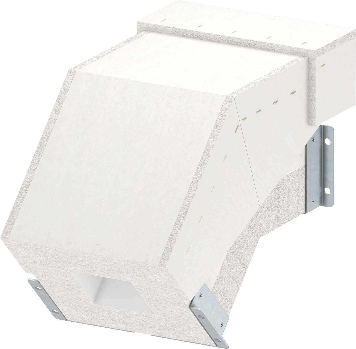Isolierter Lüftungskanal in weiß mit Kniestück. Verschraubt mit Metallwinkeln zur Befestigung an der Wand.