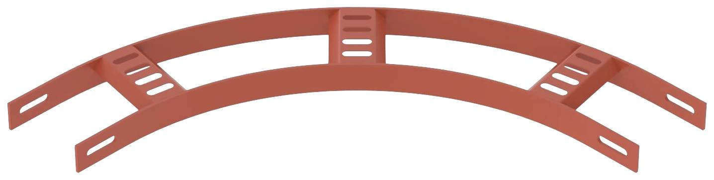Ein gebogener, roter Kabelkanal mit perforierten Seiten zur Befestigung, geeignet für industrielle oder bauliche Anwendungen.