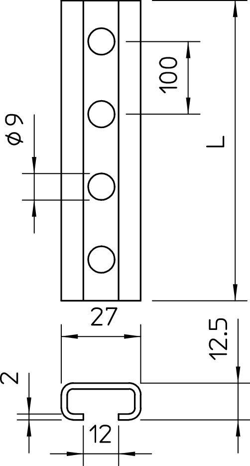 Technische Zeichnung eines Metallprofils mit Bohrungen. Maße angegeben: Länge 'L', Durchmesser Bohrungen 'Φ 9', Breite '27', Höhe '100'. Profilquerschnitt unten.