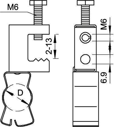Technische Zeichnung einer Klemmschelle mit M6 Schraube. Seitliche und frontale Ansicht mit Bemaßungen für Gewinde und Abstände.
