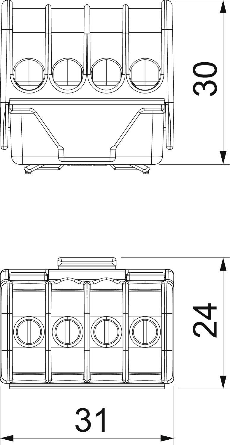 Technische Zeichnung einer fünfpoligen Anschlussklemme mit Maßen: 31 mm Breite, 24 mm Höhe, 30 mm Tiefe.