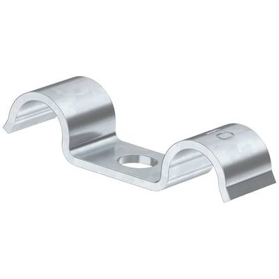 Metallschelle mit zwei gebogenen Armen und einem Loch in der Mitte, verwendet zur Befestigung von Rohren oder Kabeln an einer Oberfläche.