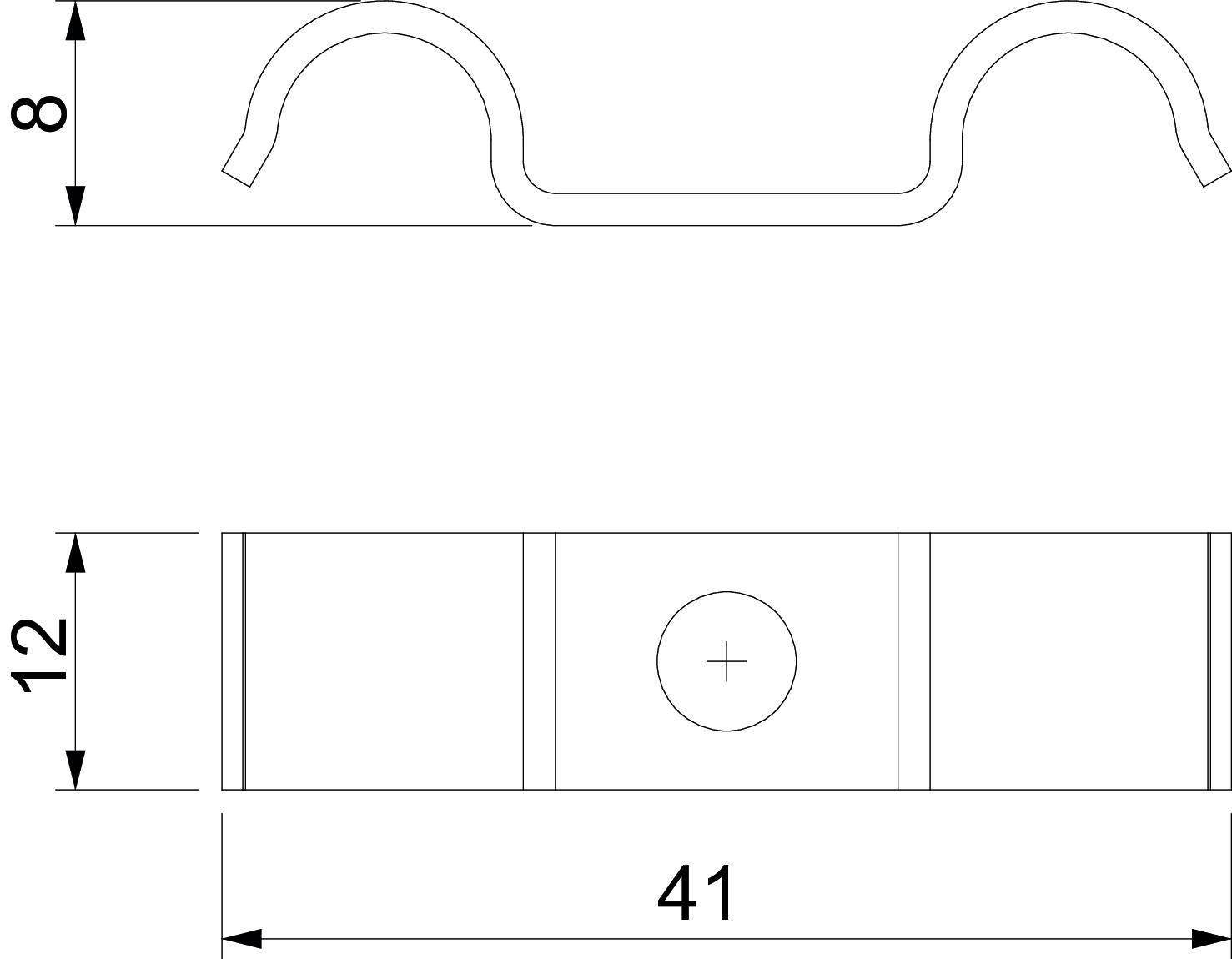Technische Zeichnung einer doppelten Klemmverbindung; Maße: 8 mm Höhe, 12 mm Breite, 41 mm Länge; zeigt Vorder- und Seitenansicht.