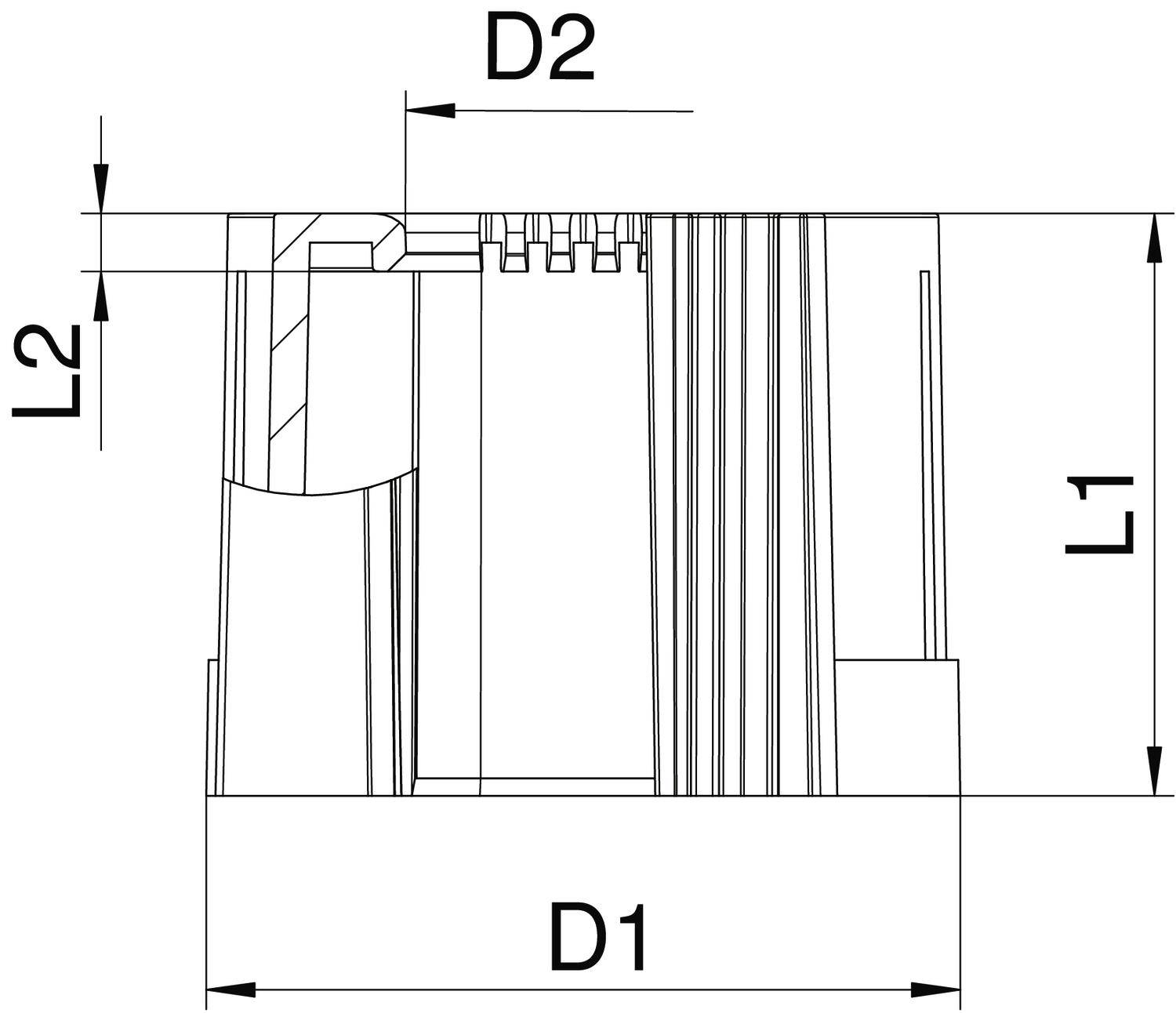 Technische Zeichnung eines zylindrischen Objekts mit den Maßen D1, D2, L1 und L2, die verschiedene Dimensionen und Abschnitte zeigen.
