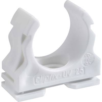 Weiße Rohrschelle aus Kunststoff mit der Aufschrift 'clipix UV 25' auf der Basis, geeignet zum Halten von Rohren.