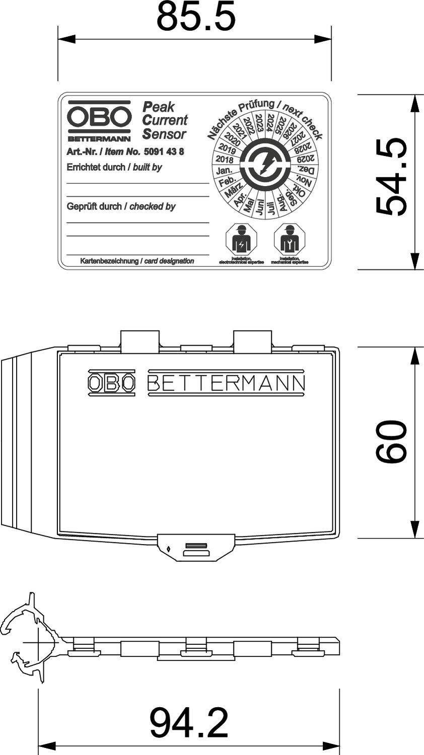 Bauplan eines OBO Peak Current Sensors mit Maßen. Enthält Daten zur Herstellung, Prüfsiegel und Herstellerinformationen.