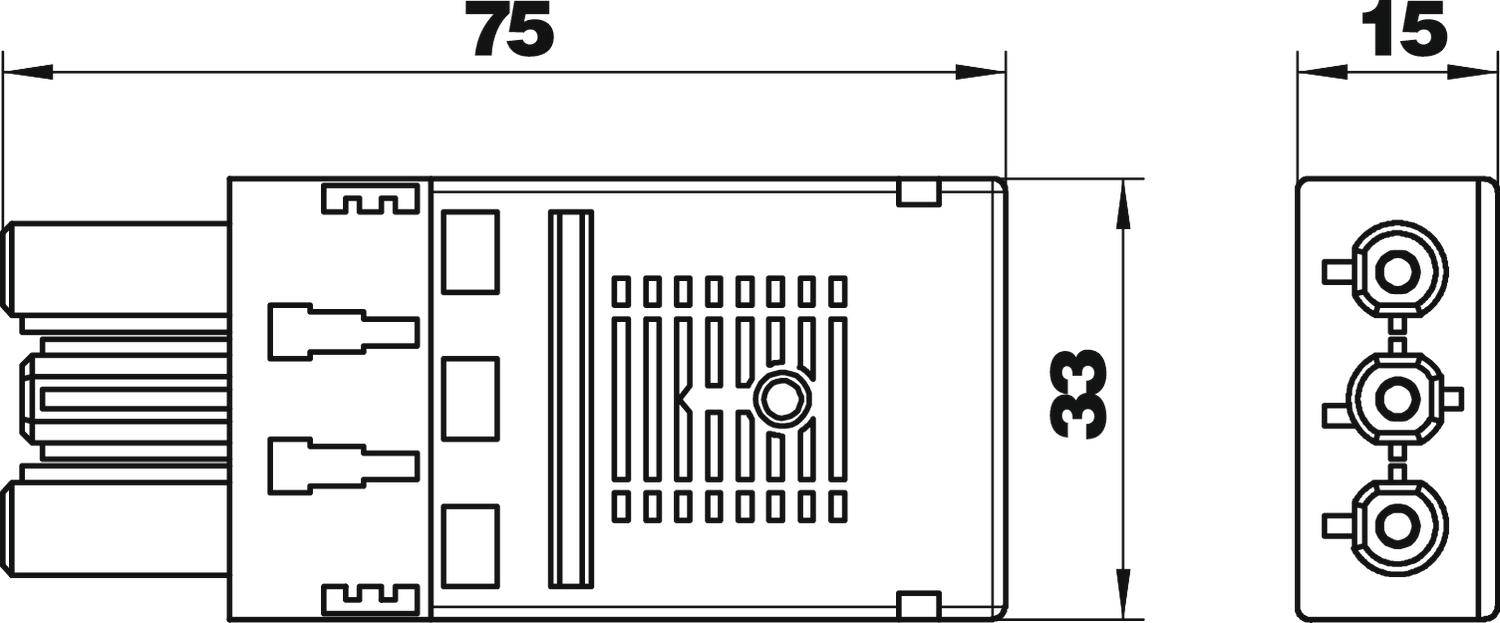 Technische Zeichnung eines elektrischen Steckverbinders mit Maßen: 75 mm Länge, 15 mm Breite, 33 mm Höhe. Draufsicht und Seitenansicht.