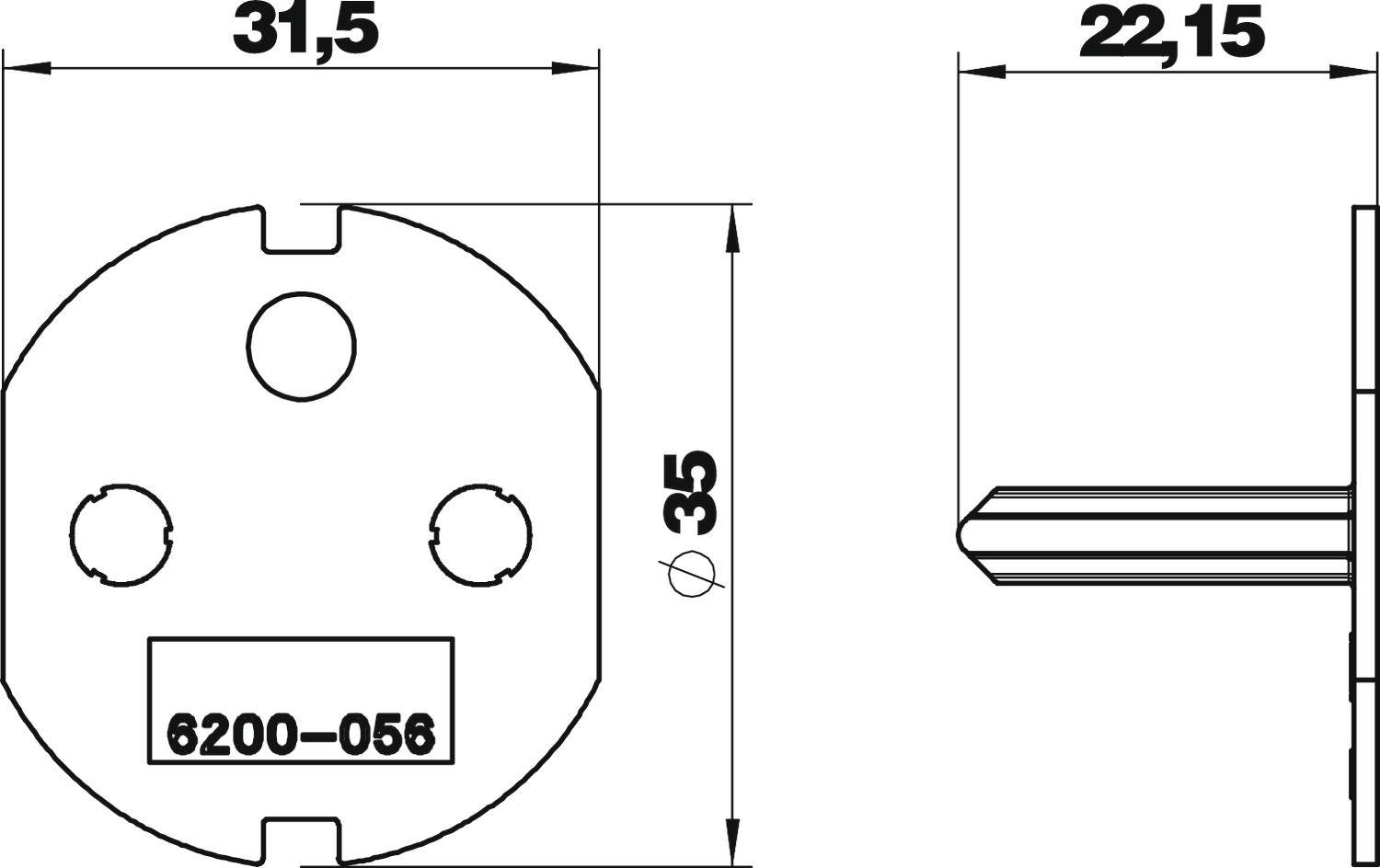 Technische Zeichnung eines mechanischen Bauteils mit Maßen: 31,5 mm Breite, 35 mm Höhe, und 22,15 mm Tiefe. Bestandteil '6200-056'.