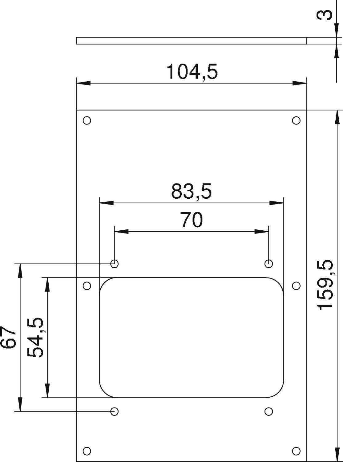 Lineare technische Zeichnung eines rechteckigen Bauteils mit Maßen in Millimetern: Breite 104,5 mm, Höhe 159,5 mm. Einige Innenmaße gezeigt.