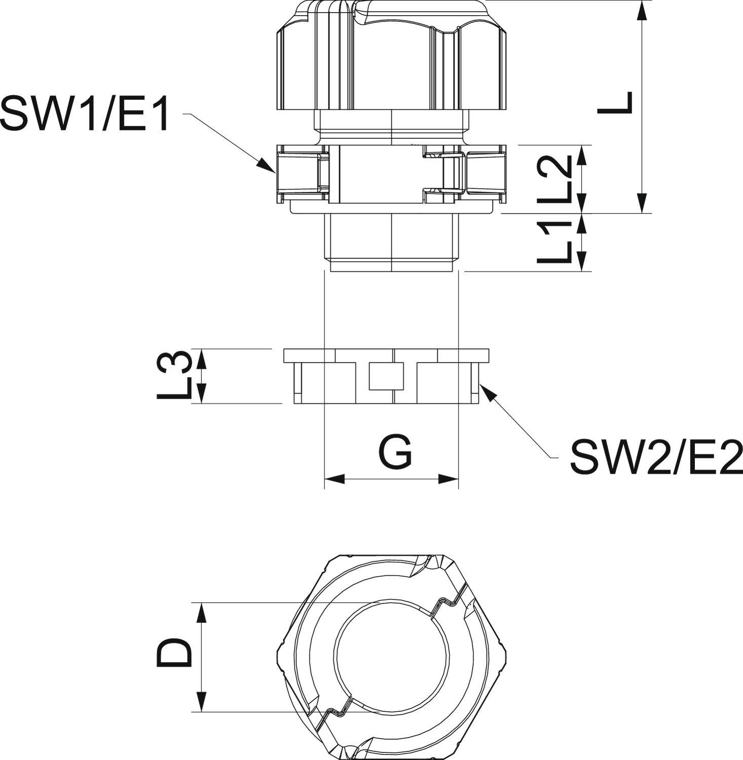 Technische Zeichnung einer Verschraubung. Maße markiert: SW1/E1, SW2/E2, L1, L2, L3, L und D. Verschraubungsdetails dargestellt.
