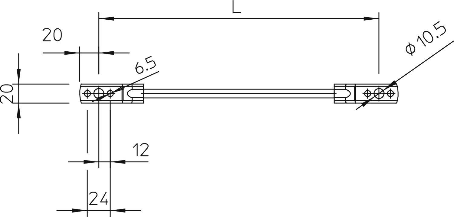 Technische Zeichnung eines geraden Metallbügels mit Maßen. Länge l, Durchmesser 10,5 mm. Weitere Maße: 6,5 mm, 12 mm, 20 mm, 24 mm.