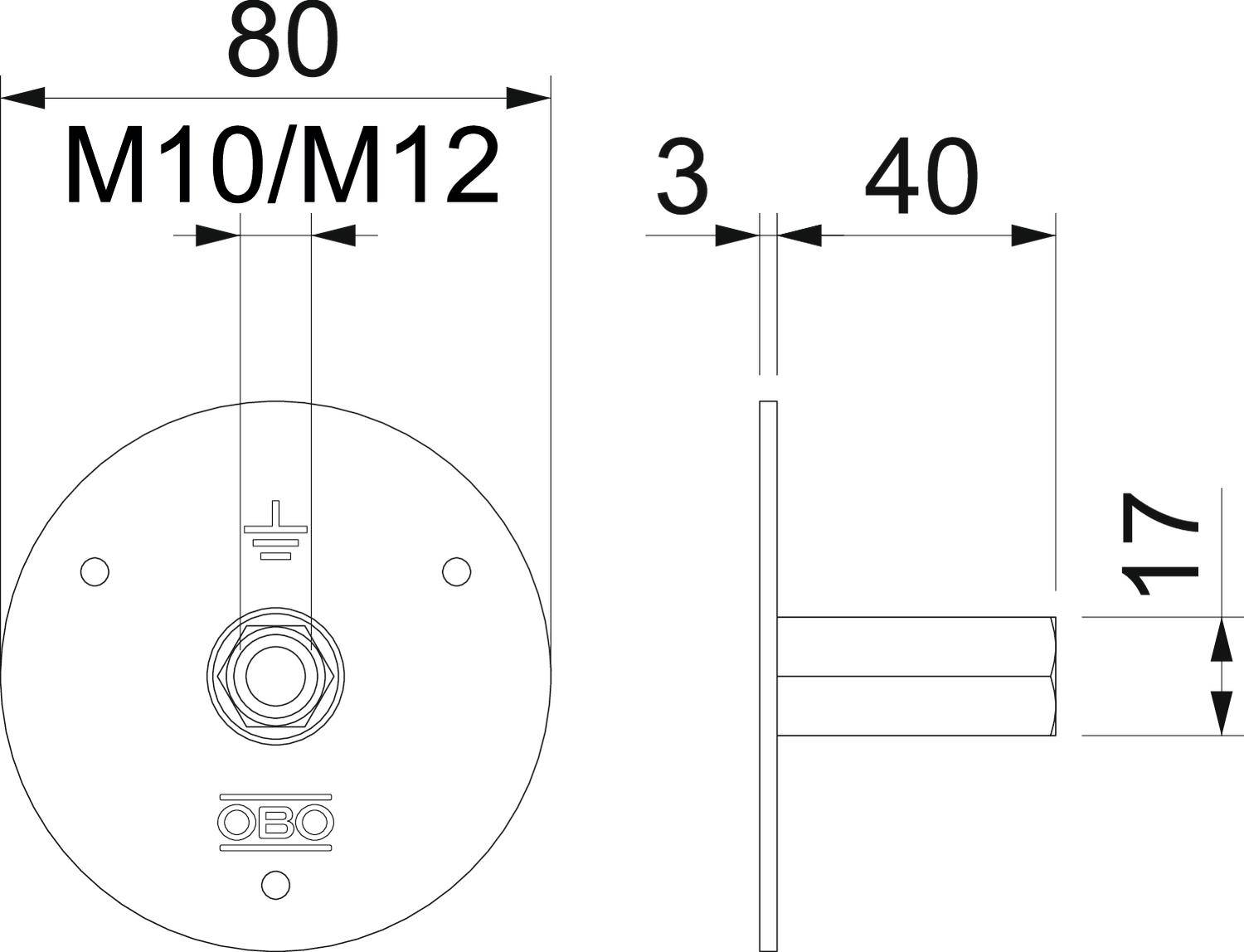 Technische Zeichnung eines runden Metallflansches mit den Abmessungen: Durchmesser 80 mm, Gewinde M10/M12, Dicke 3 mm, Länge 40 mm.