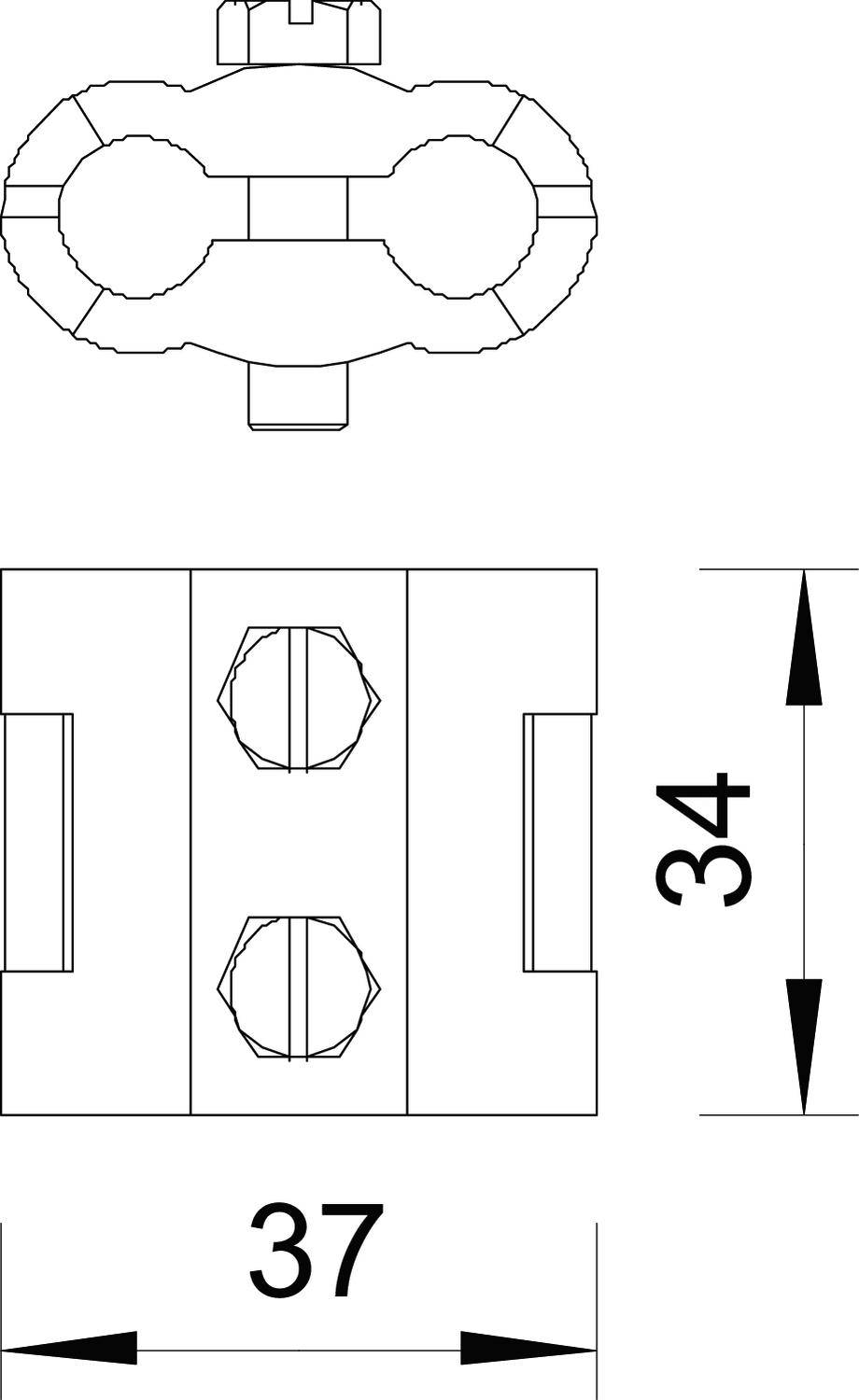 Technische Zeichnung einer Rohrschelle mit den Maßen 34 mm Höhe und 37 mm Breite, die die Form und Größe des Objekts darstellt.