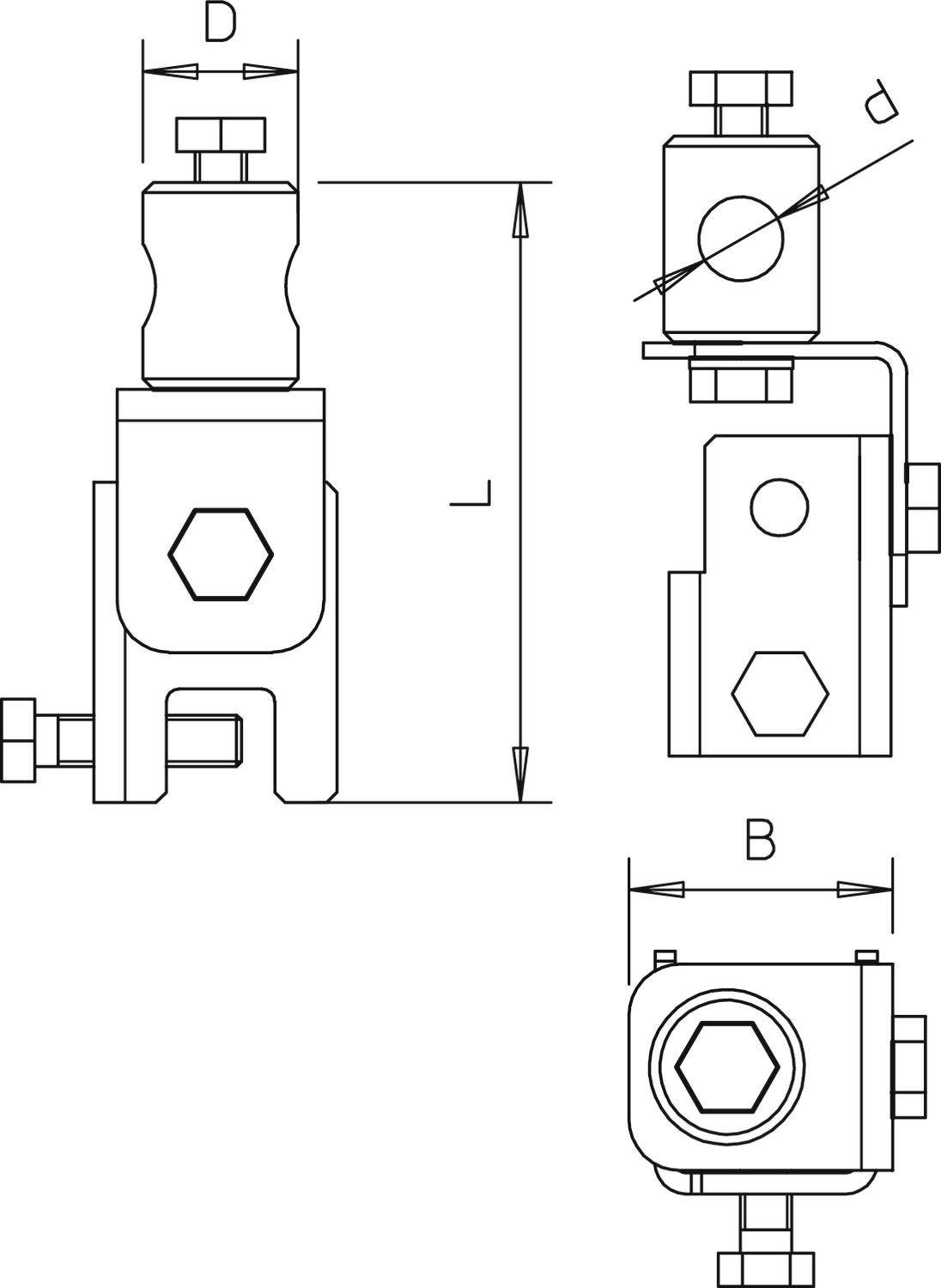 Technische Zeichnung eines mechanischen Bauteils mit drei Ansichten: Vorder-, Seiten- und Draufsicht. Maße D und B dargestellt.
