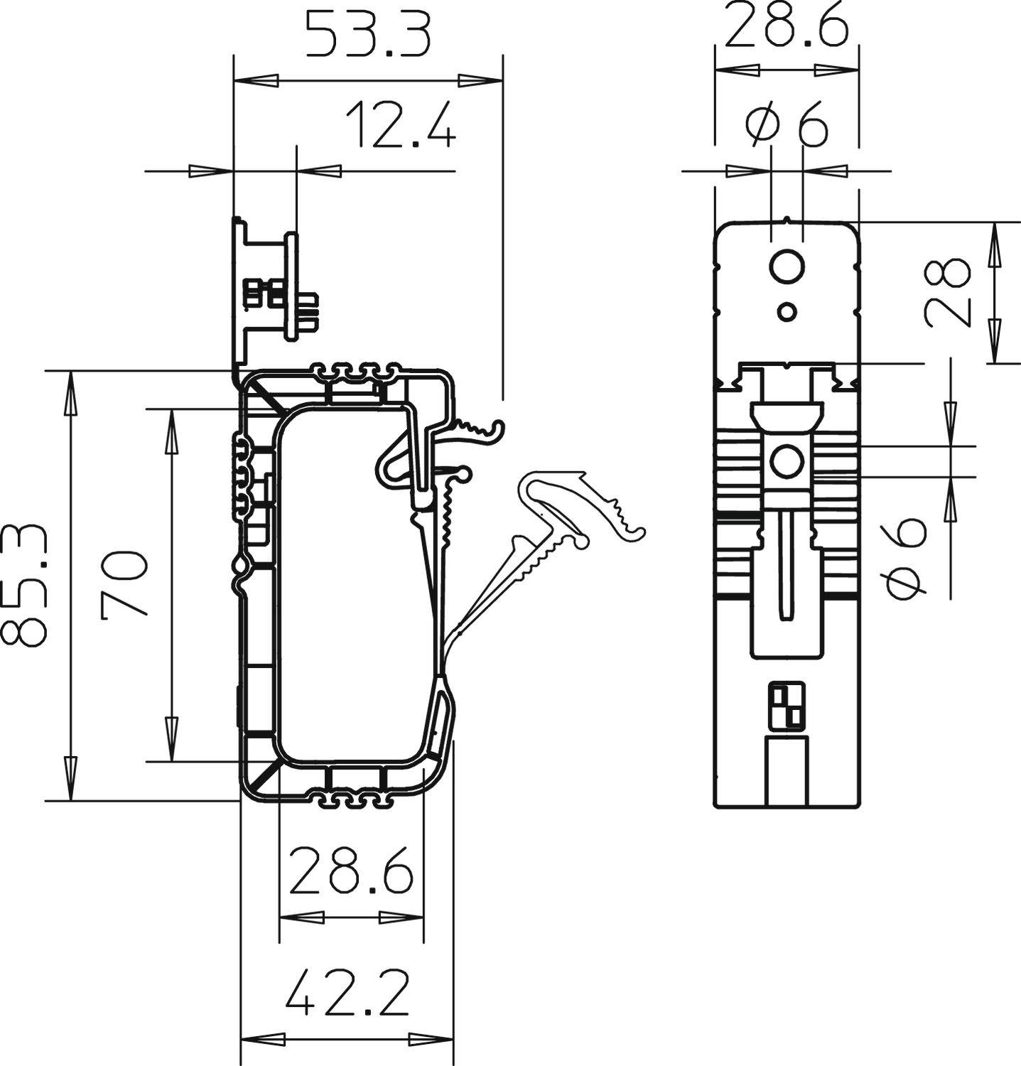 Technische Zeichnung eines Fensterprofils mit Maßen. Links: Gesamtbreite 53,3 mm, Innenbreite 28,6 mm. Rechts: Tiefe 70 mm, Höhe 85,3 mm.
